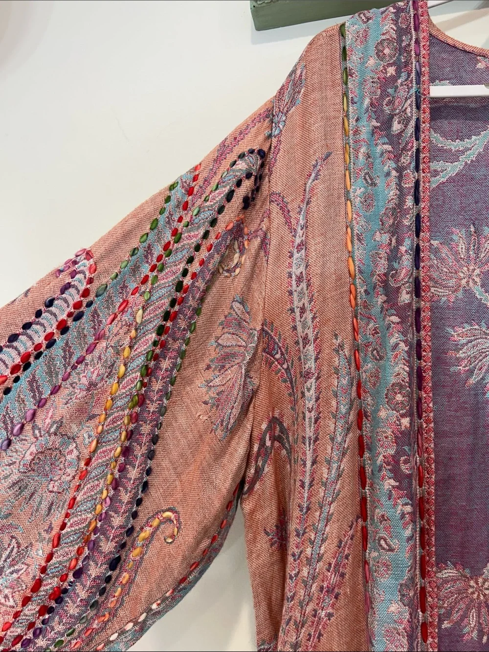 RAJ Boho Lavender & Peach Floral Embroidered Kimono duster rayon one size - Picture 4 of 13